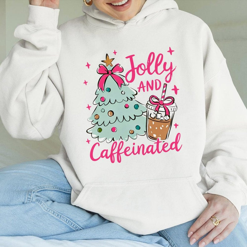 Christmas Coffee Lover Hoodie, Jolly and Caffeinated Hoodie, Adorable Holiday Coffee Pullover, Comfy Xmas Coffee Hoodie, Winter Coffee Sweatshirt