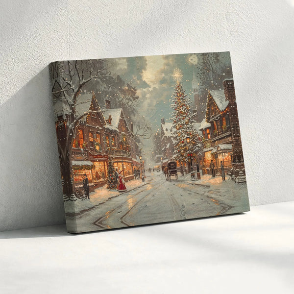 Snowy Town Street Canvas Art, Vintage Christmas Village Canvas Print, Winter Holiday Wall Decor, Festive Christmas Canvas