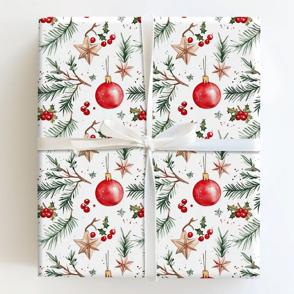 Gold Star Pine Christmas Gift Wrap, Watercolor Ornament Wrapping Paper, Festive Holly Berry Wrapping Paper, Holiday Present W