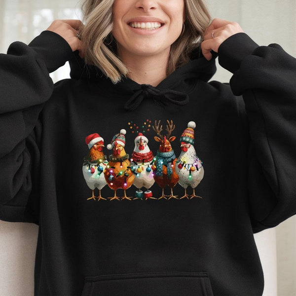 Farm Animal Holiday Lights Hoodie, Humorous Christmas Chicken Hoodie, Adorable Country Xmas Winter Hoodie, Festive Chicken Lo