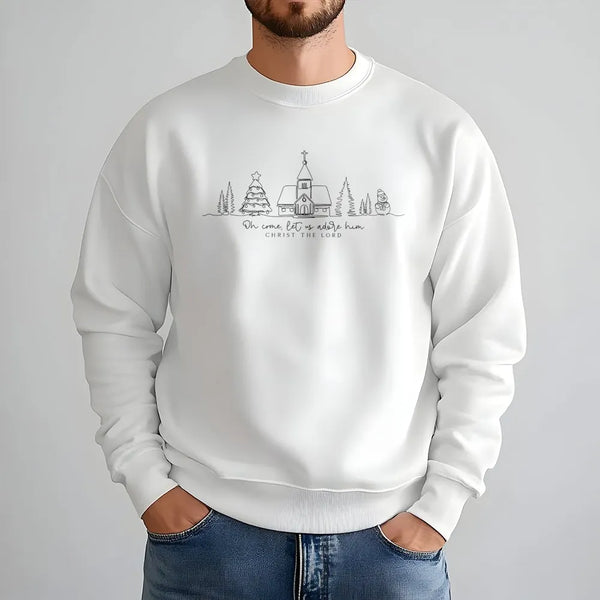 Minimalist Church Line Art Crewneck, Oh Come Let Us Adore Him Sweatshirt, Christian Holiday Sweater, Religious Christmas Swea