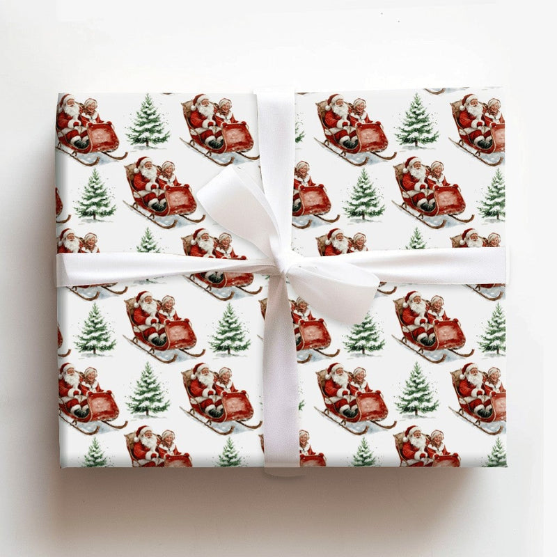 Classic Christmas Gift Wrap, Vintage Santa Sleigh Wrapping Paper, Watercolor Santa Reindeer Sleigh Wrapping Paper