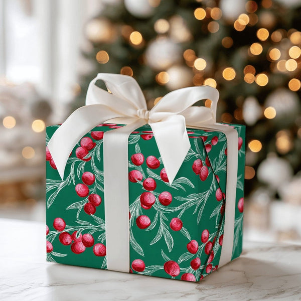 Botanical Winterberry Gift Wrap, Christmas Wrapping Paper, Red Berry Holiday Wrapping Paper, Dark Green Christmas Gift Wrappi