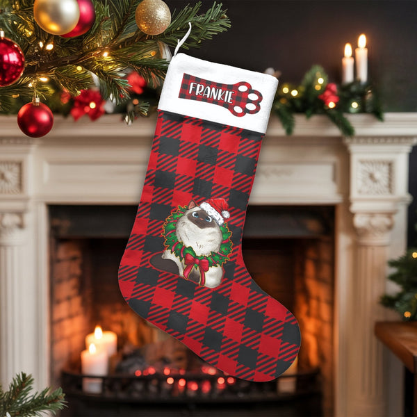 Red Buffalo Plaid Cat Stocking, Personalized Siamese Cat Christmas Stocking, Custom Pet Holiday Stocking, Velboa Mantle Decor