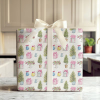 Potted Evergreen Holiday Gift Wrap, Watercolor Christmas Tree Wrapping Paper, Holly Present Paper, Retro Pastel Holiday Wrapping Paper Roll