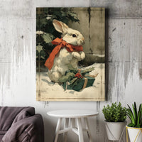 Whimsical Bunny Canvas Print, Vintage Christmas Rabbit Canvas Wall Art, Holiday Bunny with Red Bow Canvas, Comfy Xmas Home Decor Present