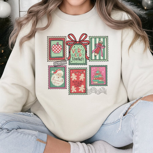 Vintage Holiday Stamp Crewneck, Very Merry Teacher Sweatshirt, Adorable Christmas Educator Pullover, Elementary Teacher Xmas 