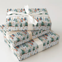 Watercolor NYC Urban Gift Wrap, Christmas City Skyline Wrapping Paper, Winter Pine Tree Present Wrap, Festive Holiday Packaging