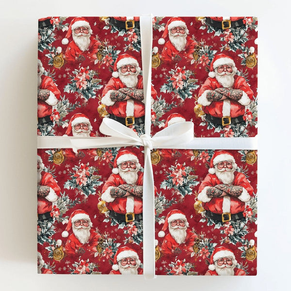 Hipster Santa Gift Wrap, Tattooed Santa Wrapping Paper, Edgy Christmas Wrapping Paper, Cool Claus Holiday Gift Wrap, Humorous