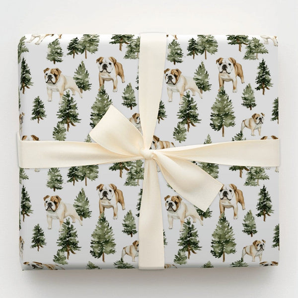 Dog Holiday Wrapping Paper, English Bulldog Christmas Wrapping Paper, Pine Tree Winter Gift Wrap, Bulldog Gift Wrap, Present 