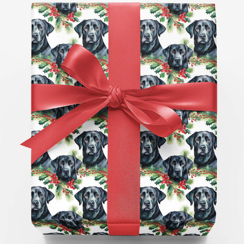 Adorable Dog Holiday Gift Wrap, Black Labrador Christmas Wrapping Paper, Puppy Holly Berry Wrapping Paper, Dog Lover Xmas Gift Wrapping Paper