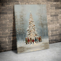 Children Playing in Snow Canvas Art, Vintage Christmas Tree Canvas Print, Nostalgic Holiday Canvas Decor, Winter Wonderland Wall Art Present