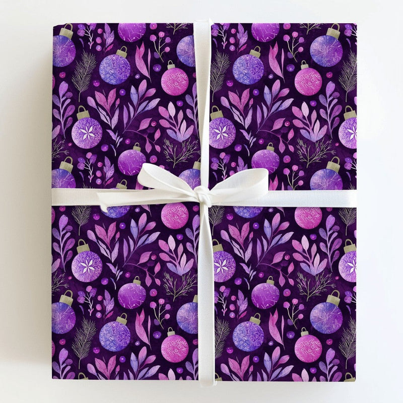 Watercolor Botanical Wrapping Paper, Purple Ornament Wrapping Paper, Elegant Christmas Wrapping Paper, Holiday Gift Wrap Roll