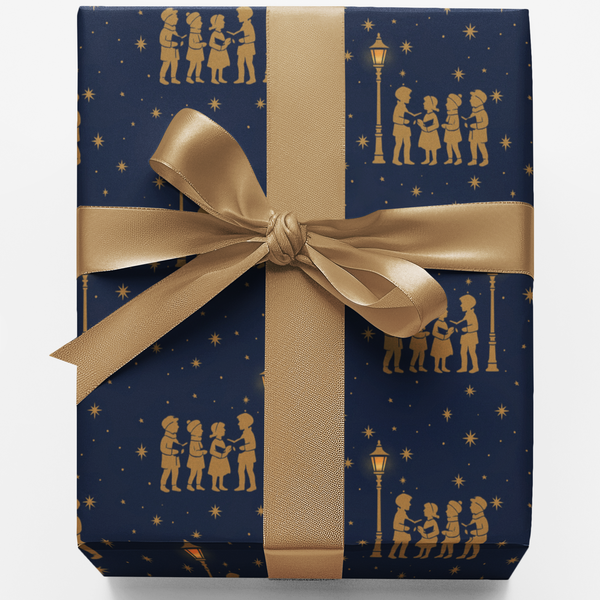 Navy Blue and Gold Choir Gift Wrap, Christmas Carolers Wrapping Paper, Holiday Caroling Gift Wrap Paper, Seasonal Winter Wrap