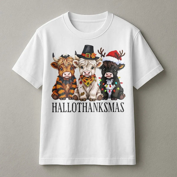 Hallothanksmas Shirt, Highland Cow Christmas T-Shirt, Adorable Holiday Graphic Tee, Farmhouse Country Animal T-Shirt, Western