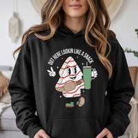 Retro Snack Cake Holiday Hooded Sweatshirt, Christmas Tree Cake Hoodie, Adorable Cartoon Christmas Pullover, Sweet Treat Winter Hoodie