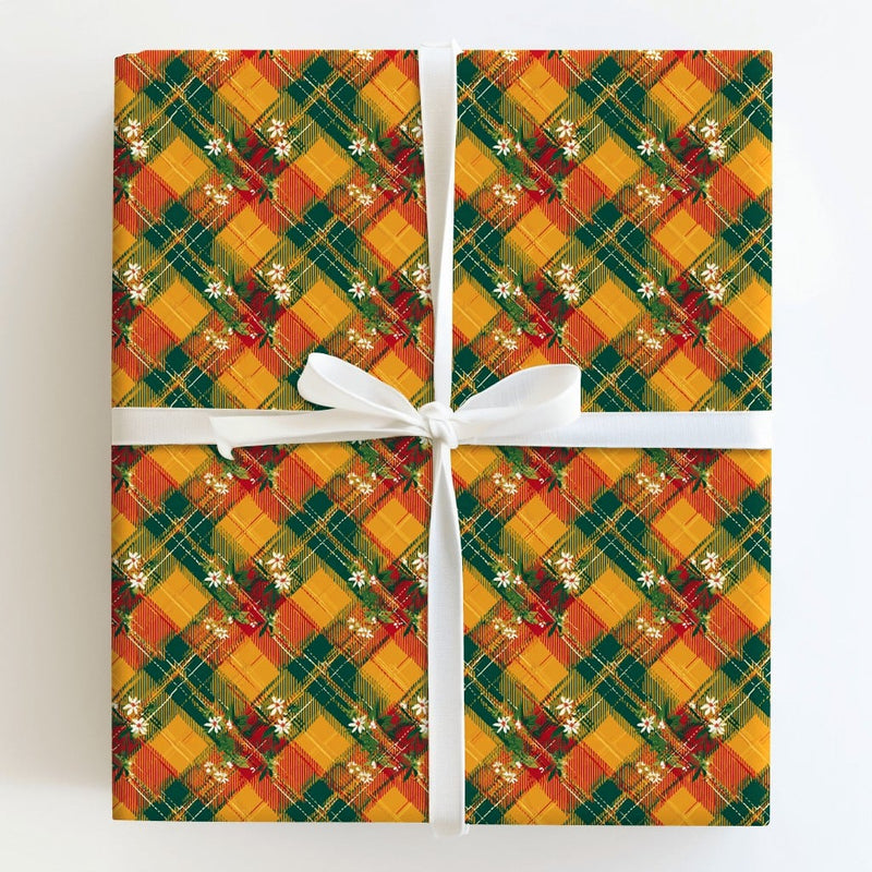 Tartan Plaid Holiday Gift Wrap, Floral Plaid Christmas Wrapping Paper, Rustic Green and Red Wrapping Paper, Winter Floral Gift Wrap Roll