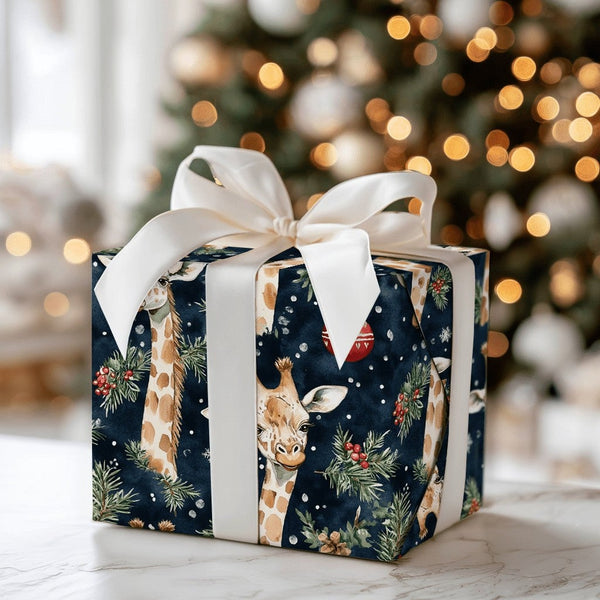 Watercolor Animal Gift Wrap, Navy Christmas Giraffe Wrapping Paper, Festive Wildlife Wrapping Paper Roll, Winter Holiday Gift
