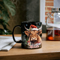 Festive Winter Highland Cow Mug, Highland Cow Santa Hat Christmas Mug, Adorable Snowflake Holiday Farm Animal Mug, Xmas Farmhouse Present