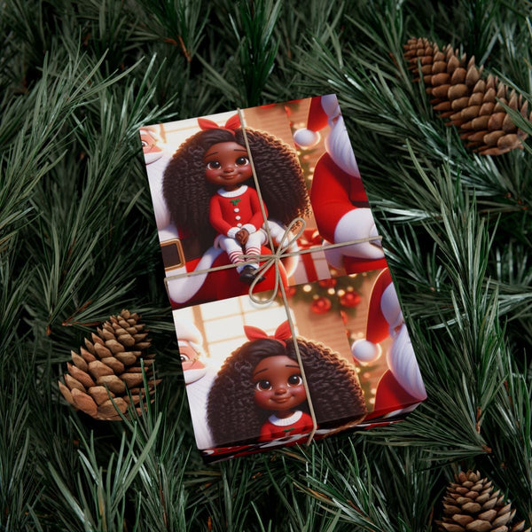 Curly Hair Girl Santa Gift Wrap, Black Girl Christmas Wrapping Paper, African American Holiday Wrapping Paper, Adorable Xmas 