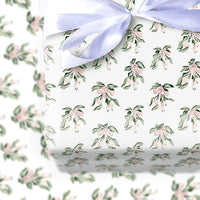 Pink Bow Holiday Gift Wrap, Watercolor Mistletoe Wrapping Paper, Botanical White Berry Wrapping Paper, Elegant Christmas Winter Gift Wrap