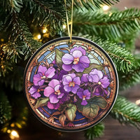 Stained Glass Floral Ornament, Purple Violets Ceramic Ornament, Violet Flower Christmas Ornament, Botanical Tree Decor Keepsake Present