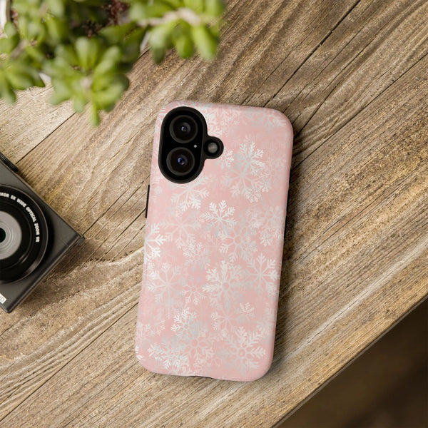 Winter Floral Pattern iPhone Cover, Pink Snowflake Phone Case, Dual Layer Polycarbonate Case, Festive Christmas Holiday Aesth