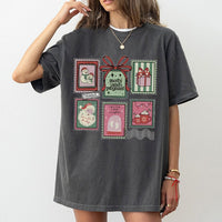 Vintage Holiday Stamp Graphic Tee, Merry and Pregnant Christmas T-Shirt, Adorable Pregnancy Reveal Shirt, Expecting Mom Xmas Present Tee