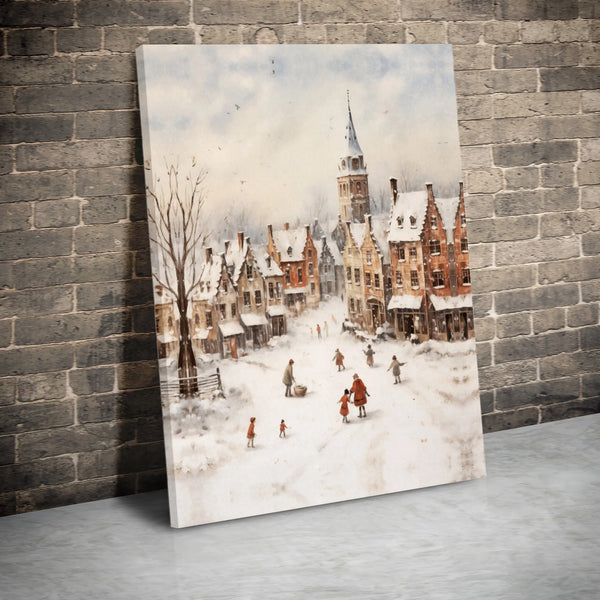 Snowy European Town Watercolor Canvas, Winter Village Canvas Wall Art, Comfy Christmas Town Wall Decor, Holiday Landscape Art