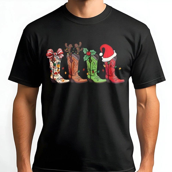 Festive Cowgirl Holiday Graphic Tee, Western Cowboy Boot Christmas T-Shirt, Retro Country Christmas Shirt, Southern Xmas T-Sh