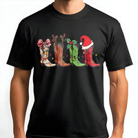 Festive Cowgirl Holiday Graphic Tee, Western Cowboy Boot Christmas T-Shirt, Retro Country Christmas Shirt, Southern Xmas T-Shirt