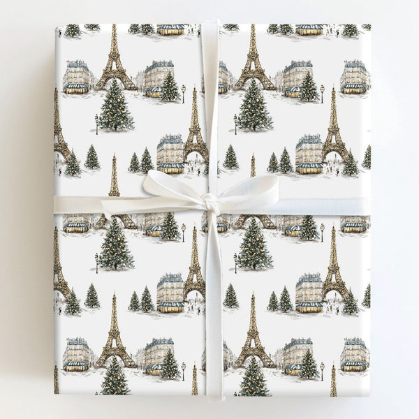 Snowy Eiffel Tower Gift Wrap, Paris Christmas Wrapping Paper, French Cityscape Holiday Wrapping Paper, Francophile Gift Wrapp
