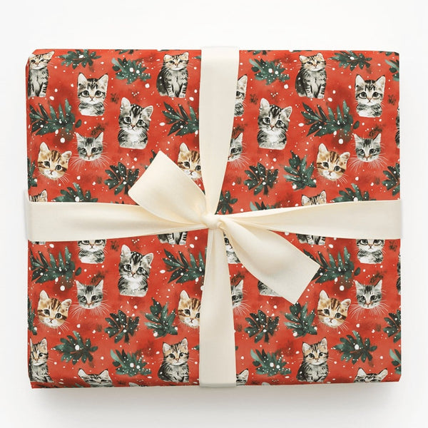 Festive Holiday Kitten Gift Wrap, Christmas Cat Wrapping Paper, Winter Foliage Cat Wrapping Paper, Xmas Present Paper for Cat