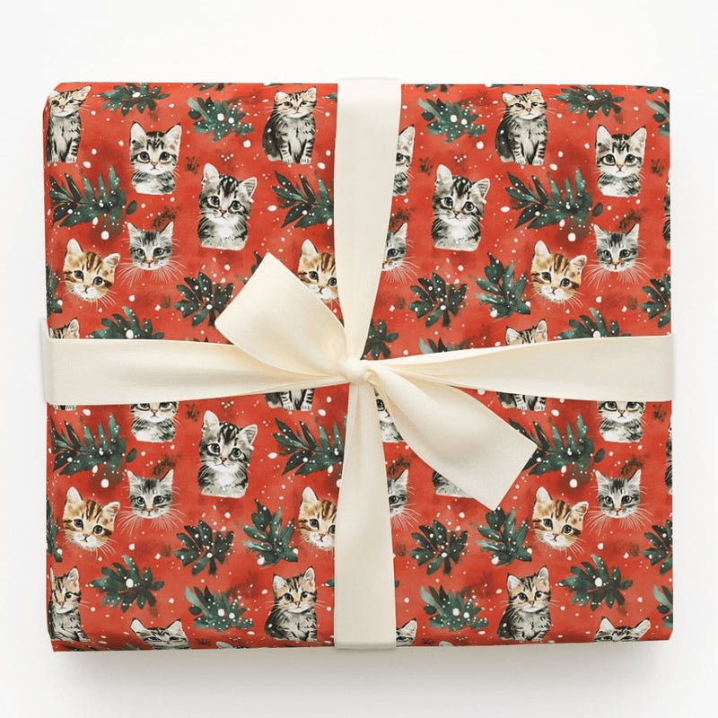 Festive Holiday Kitten Gift Wrap, Christmas Cat Wrapping Paper, Winter Foliage Cat Wrapping Paper, Xmas Present Paper for Cat Lovers