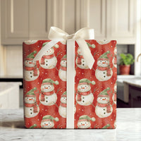 Red Holiday Gift Wrap Paper, Watercolor Snowman Christmas Wrapping Paper, Adorable Snowmen Winter Christmas Wrapping Paper Roll Present Wrap