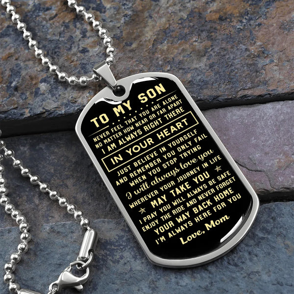 Sentimental Message Tag Necklace, To My Son Dog Tag Necklace, Christmas Present from Mom, Meaningful Birthday Son Pendant, So