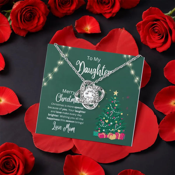 Mom to Daughter Love Knot Necklace, Christmas Daughter Love Knot Necklace, Sparkling CZ Crystal Pendant, Rotating Rose Box Ne