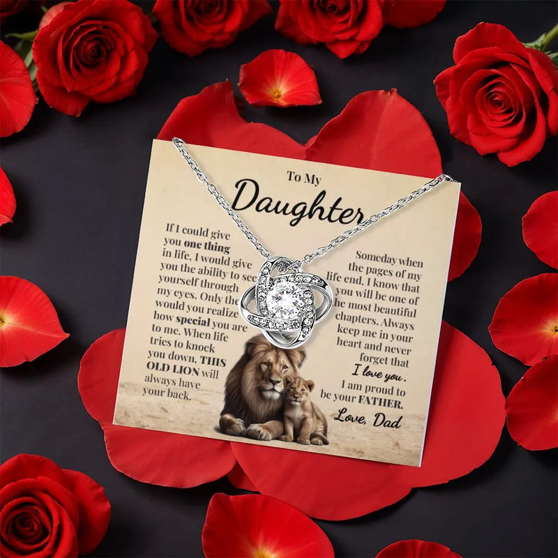 Lion Theme Love Knot Pendant, Daughter Love Knot Necklace, Cubic Zirconia Message Card Necklace, Birthday Christmas Present from Dad