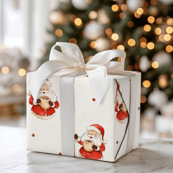 Comfy Hot Cocoa Christmas Gift Wrap, Watercolor Santa Wrapping Paper, Adorable Santa Claus Present Wrap, Rustic Holiday Packa