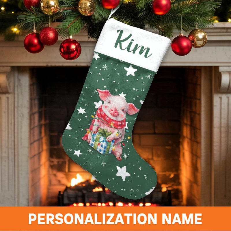 Adorable Holiday Lights Piggy Stocking, Personalized Pig Christmas Stocking, Festive Farm Animal Stocking, Custom Kids Christmas Stocking