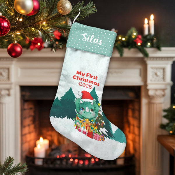 My First Christmas 2025 Stocking, Baby Dinosaur Christmas Stocking, Personalized Dino Stocking, Custom Baby Holiday Stocking,