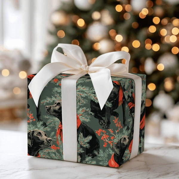 Red Scarf Dog Gift Wrap, Black Labrador Wrapping Paper, Christmas Lab Wrapping Paper, Winter Pine Pet Gift Wrap, Dog Lover Ho