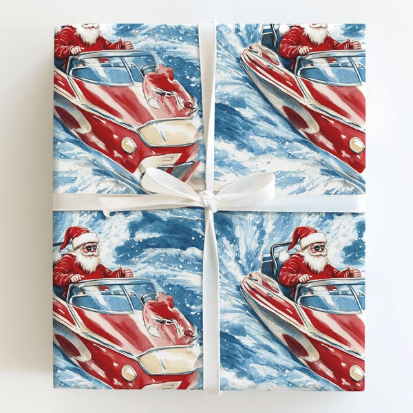 Humorous Nautical Christmas Gift Wrap, Santa in Speedboat Wrapping Paper, Boating Santa Present Paper, Coastal Holiday Gift W