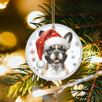 Santa Hat Frenchie Ornament, French Bulldog Christmas Ornament, Adorable Dog Holiday Tree Ornament, Ceramic Dog Lover Keepsake, Xmas Pet Present