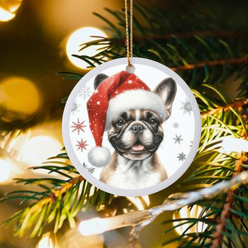 Santa Hat Frenchie Ornament, French Bulldog Christmas Ornament, Adorable Dog Holiday Tree Ornament, Ceramic Dog Lover Keepsake, Xmas Pet Present