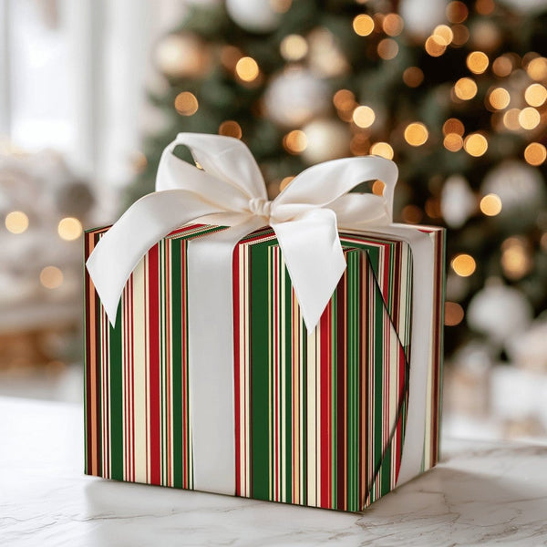 Red Green Cream Gift Wrap, Classic Striped Christmas Wrapping Paper, Vertical Stripe Holiday Wrapping Paper Roll, Traditional