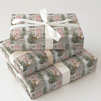 Adorable Dog Holiday Wrapping Paper, Christmas Corgi Wrapping Paper, Pink Door Winter Gift Wrap, Festive Puppy Paper