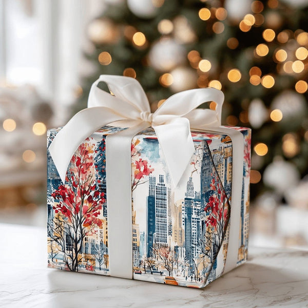 NYC Yellow Taxi Holiday Wrapping Paper, New York Christmas Wrapping Paper, Watercolor Skyline Wrapping Paper, Urban City Trav