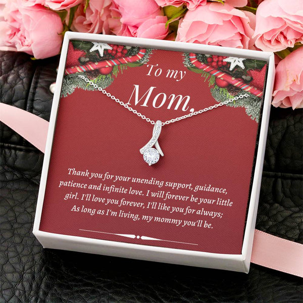 Christmas Present for Mother, Mom Ribbon Pendant Necklace, Cubic Zirconia Mom Necklace, White Gold Ribbon Necklace, Sentiment