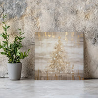 Abstract Gold Leaf Holiday Pine Painting, Gold Christmas Tree Square Canvas, Elegant Winter Canvas Print, Festive Christmas Home Decor